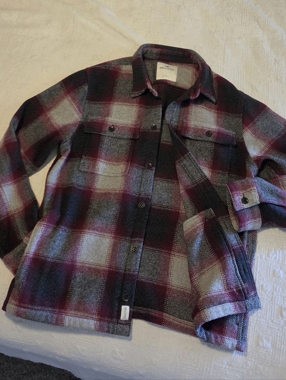 Hollister Men's Plaid Cruiser Jacket In Burgundy, Black & Gray, Size Large